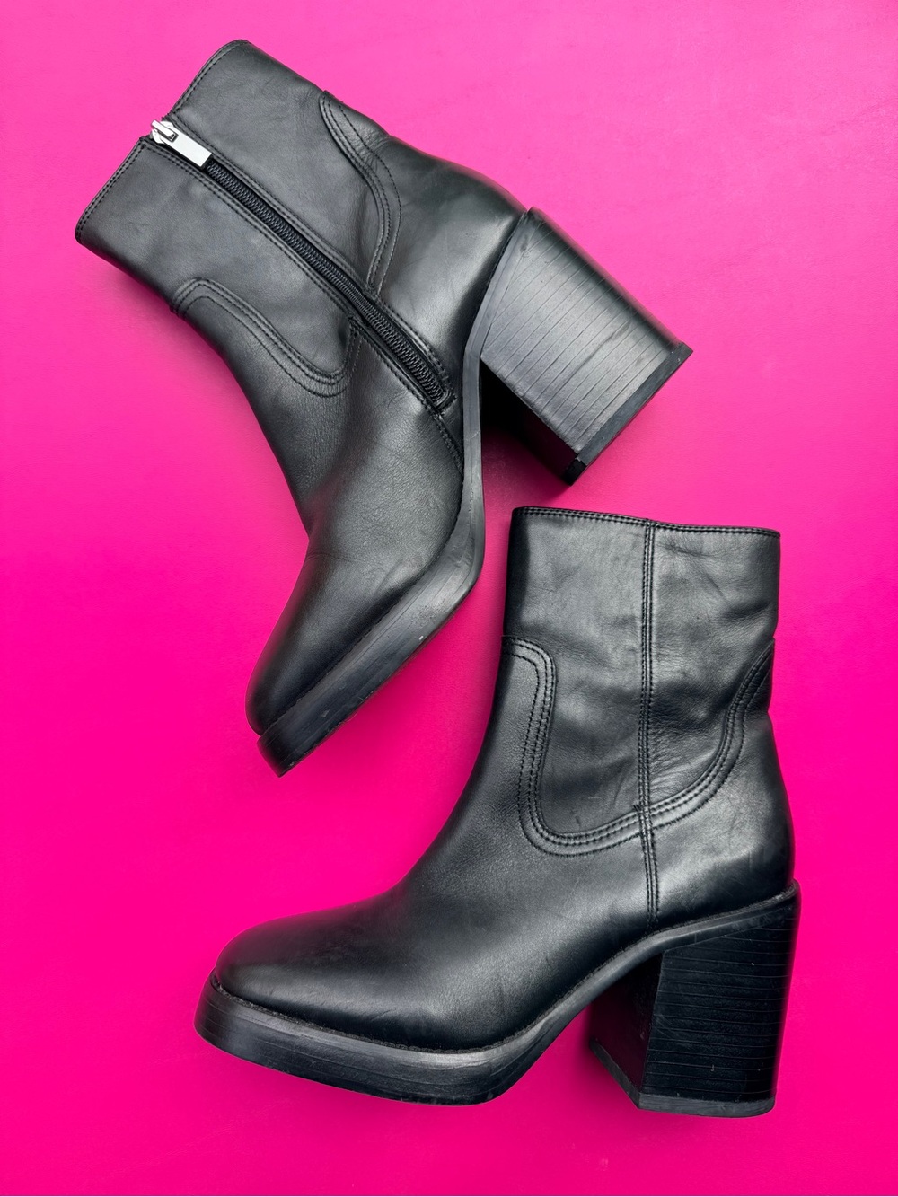Steve Madden Della Black Leather Platform Ankle Boots Stacked Block Heel Sz 7.5
